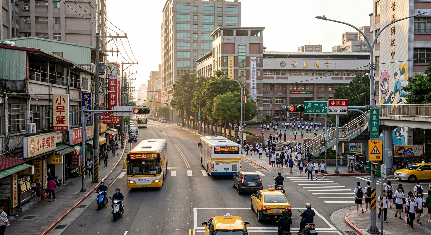 Busy street with buses, scooters, taxis, and students near school zone on Jingzhong Street