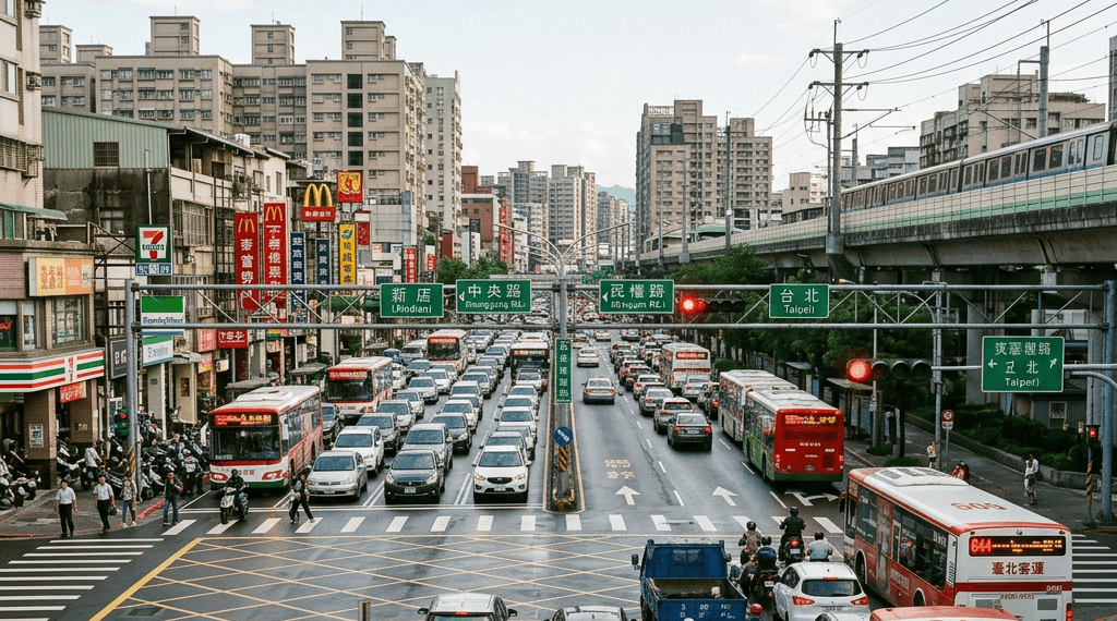 Busy urban street with cars, buses, scooters, and traffic lights in Taipei.