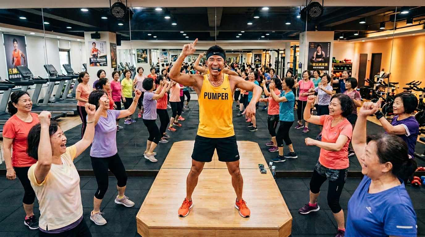 Instructor leading a group of senior women in an aerobic exercise class