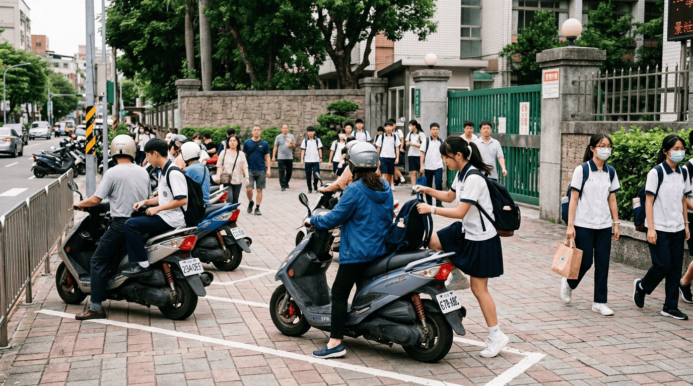 Students and scooters outside Taipei Municipal Jingmei Junior High School at dismissal time